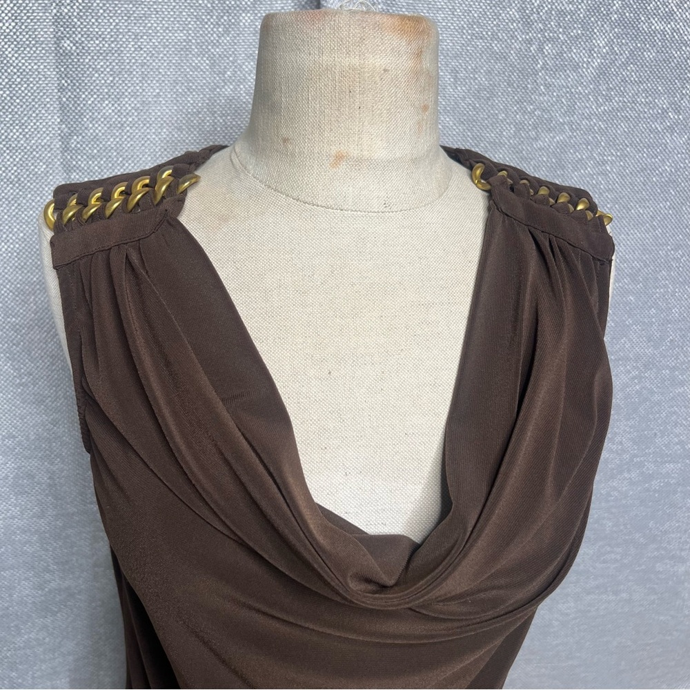 NY Collection Brown Draped Blouse with Chain Accents - Picture 7 of 8